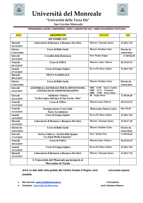 Università del Monreale: lezioni nel mese di Dicembre 2015