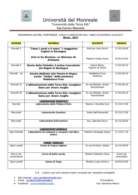 Università del Monreale: lezioni nel mese di Marzo 2017