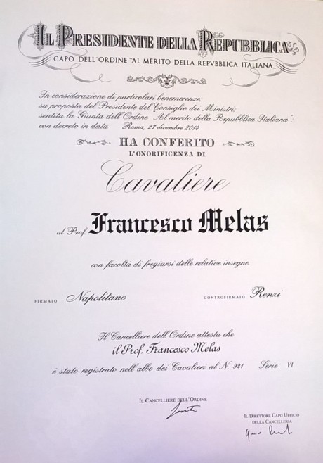 Franco Melas Cavaliere della Repubblica Italiana.