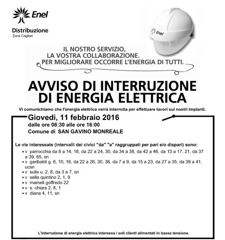 Disservizi ENEL previsti per l'11 febbraio 2016