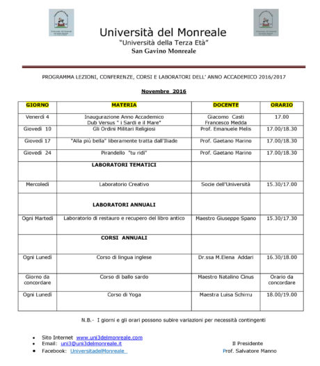 Università del Monreale: lezioni nel mese di Novembre 2016