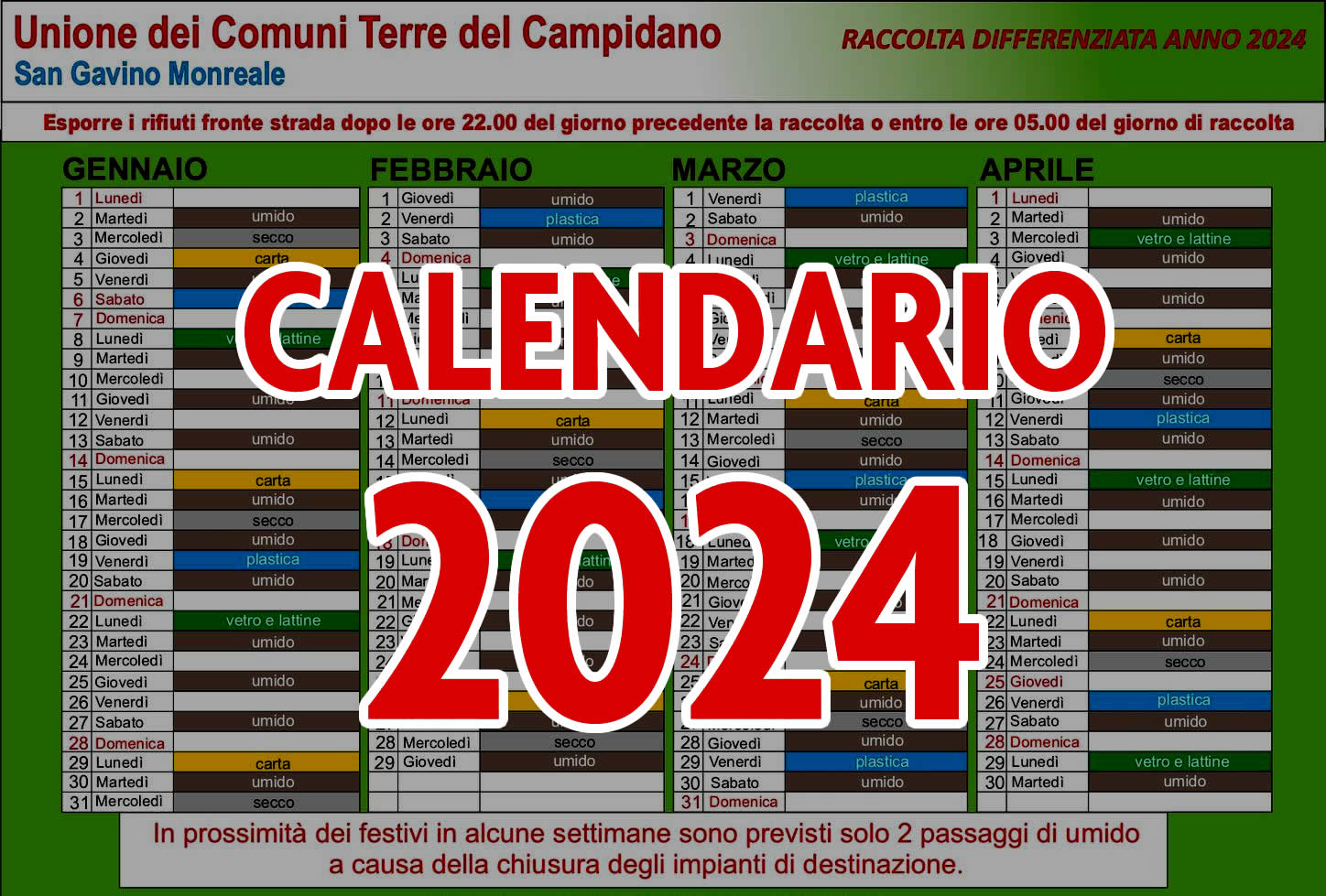 Calendario raccolta differenziata 2024 / Avvisi / Novità / Unione